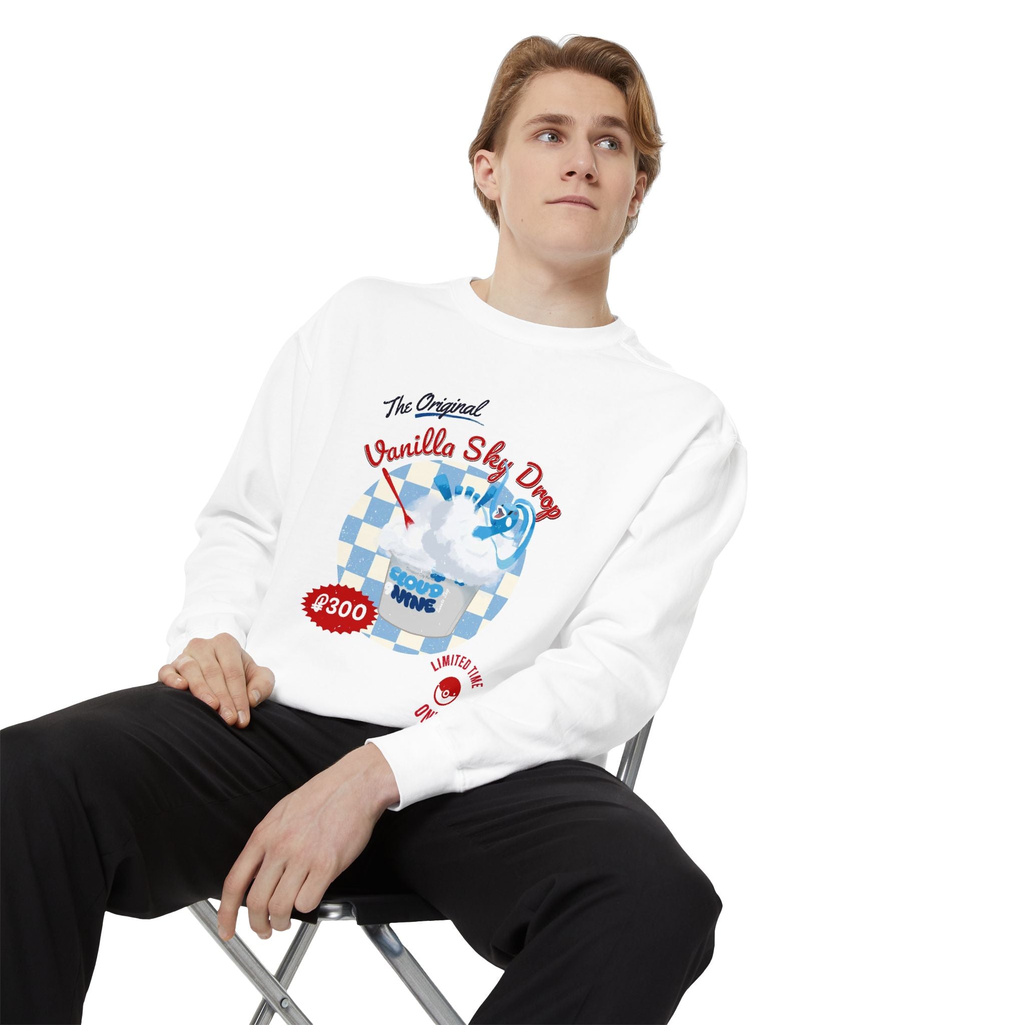 Vanilla Sky Drop Crewneck Sweatshirt — Retro Blue Check Dessert Graphic