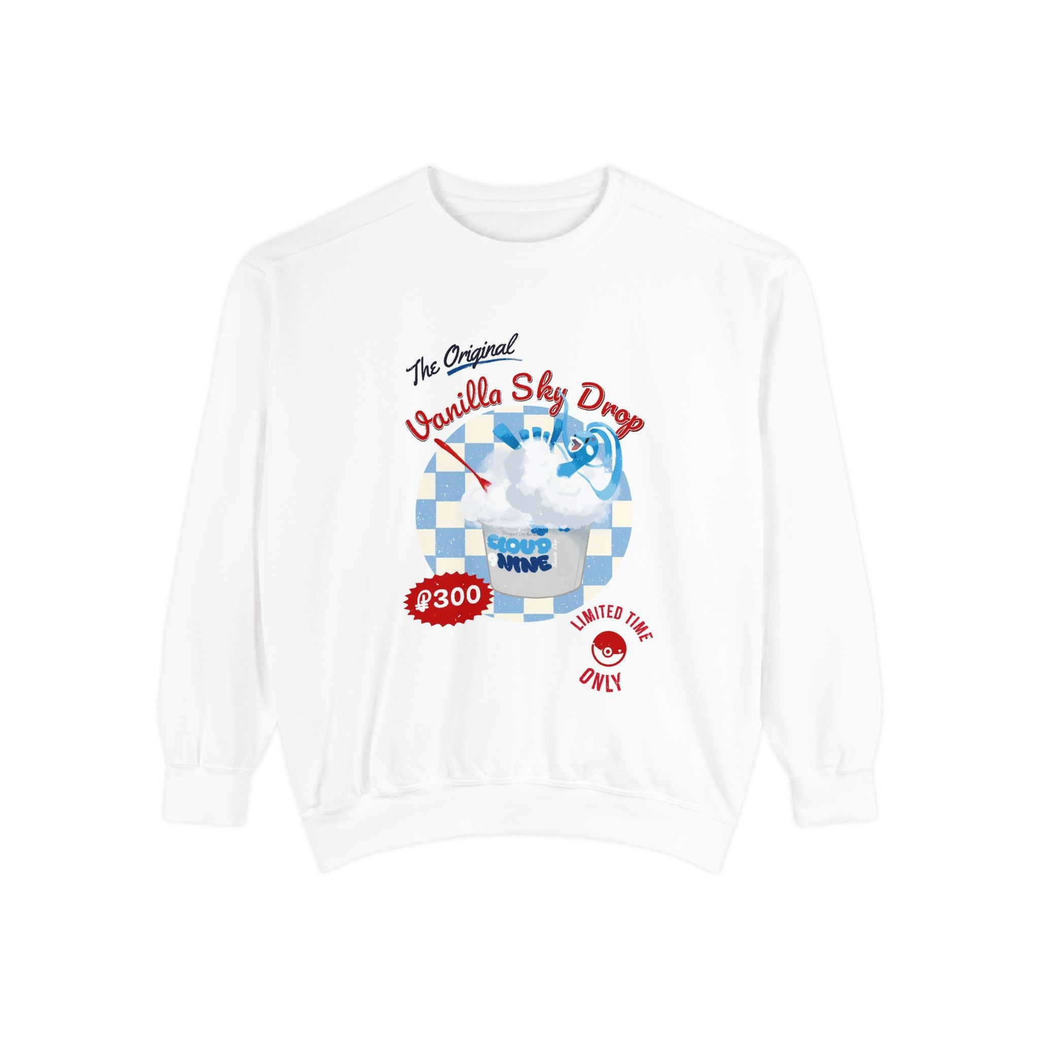Vanilla Sky Drop Crewneck Sweatshirt — Retro Blue Check Dessert Graphic