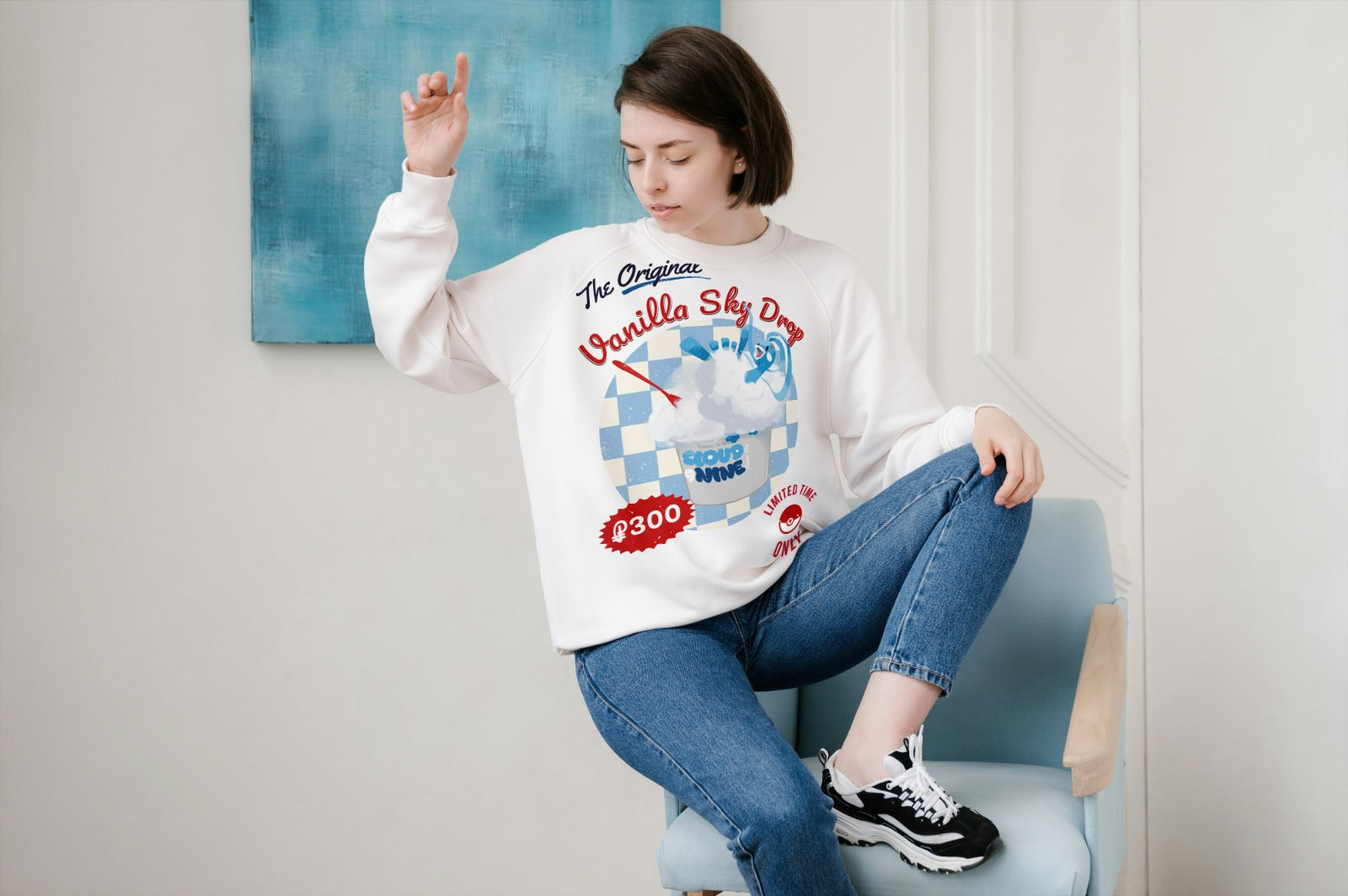 Vanilla Sky Drop Crewneck Sweatshirt — Retro Blue Check Dessert Graphic