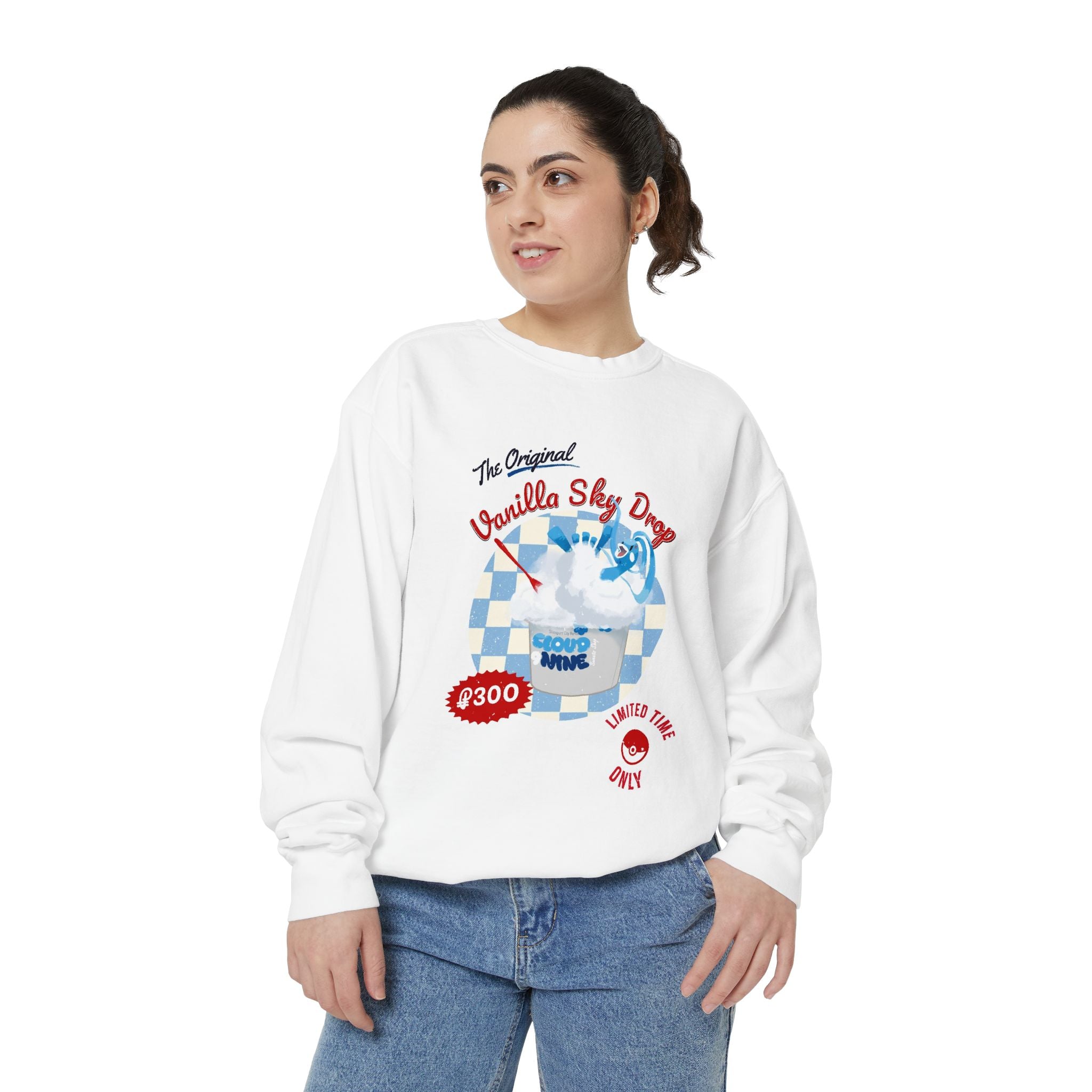 Vanilla Sky Drop Crewneck Sweatshirt — Retro Blue Check Dessert Graphic
